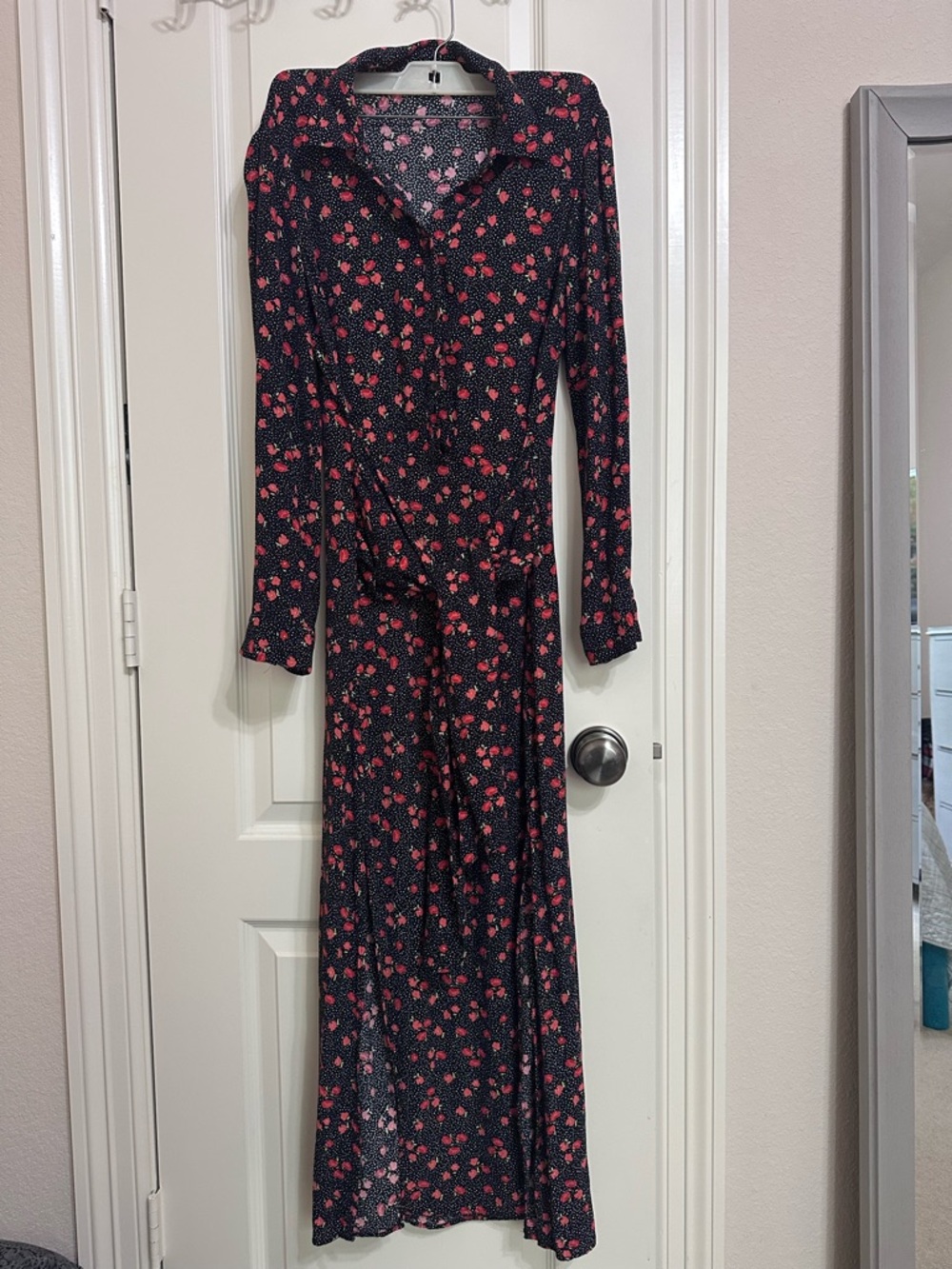 Zara Black Long Sleeve Maxi Dress with Red Floral Print